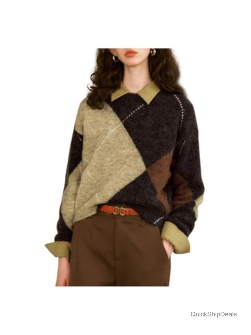 Cropped Argyle Knit Sweater Crew Neck Long Sleeve Pullover